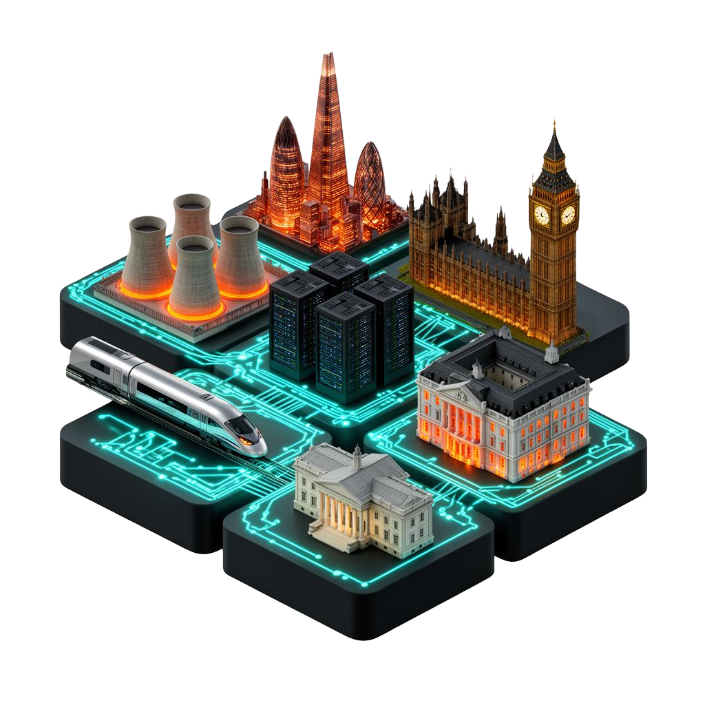 Abstract isometric illustration of a cyber-secured critical national infrastructure network